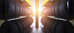 Bundles of tire are kept on the shelf in the warehouse.
