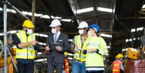 Engineers are brainstorming solving problems of logistics in the construction industries.