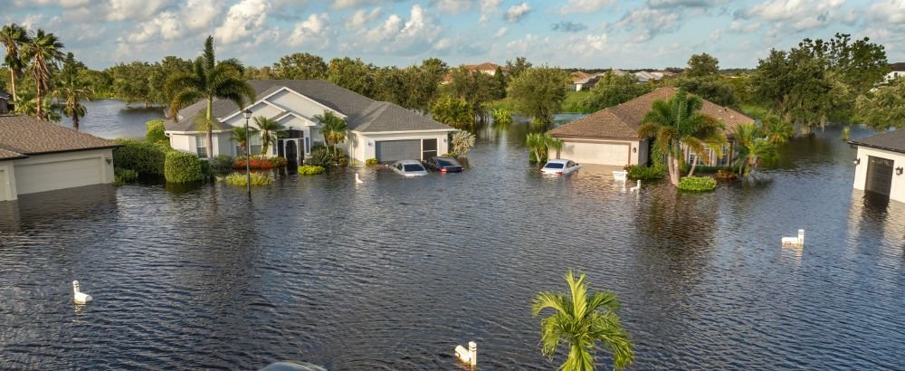 Severe flooding in the town with streets submerged; houses and cars are partially underwater.